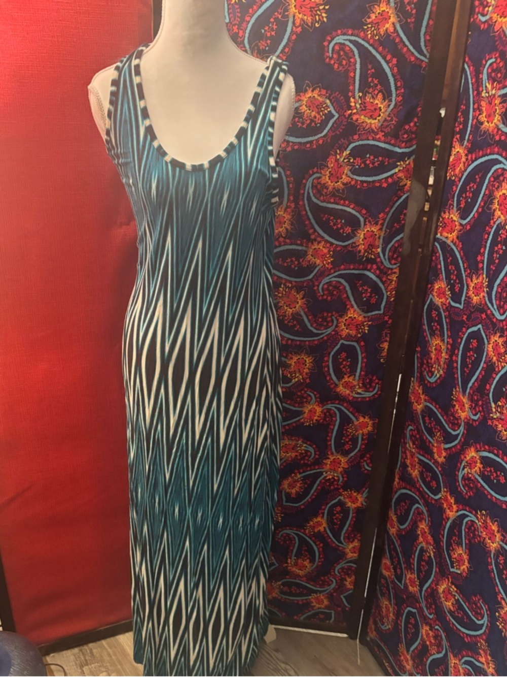 Calvin Klein Teal and White Geometric Sleeveless Maxi Dress